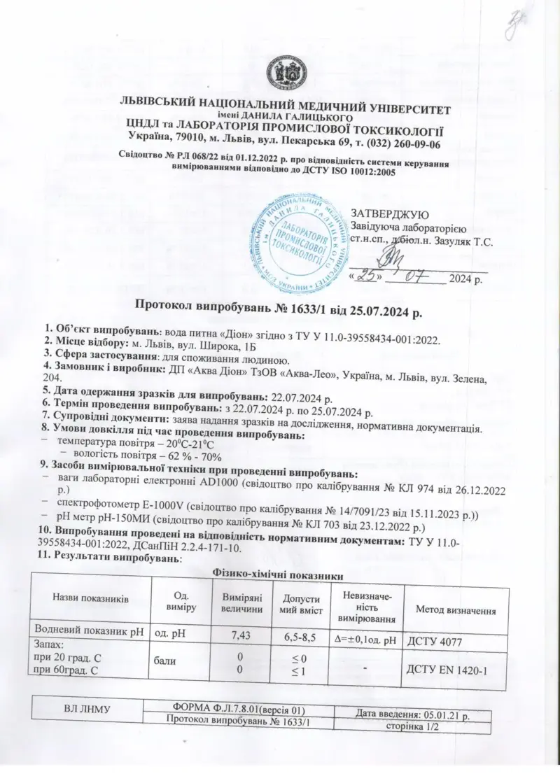 Протокол випробувань очищеної води Діон 25-07-2024 арк.1